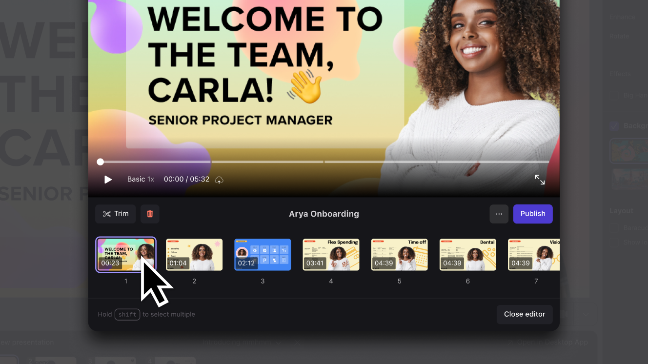mmhmm UI with slide that says Welcome to the team, Carla!