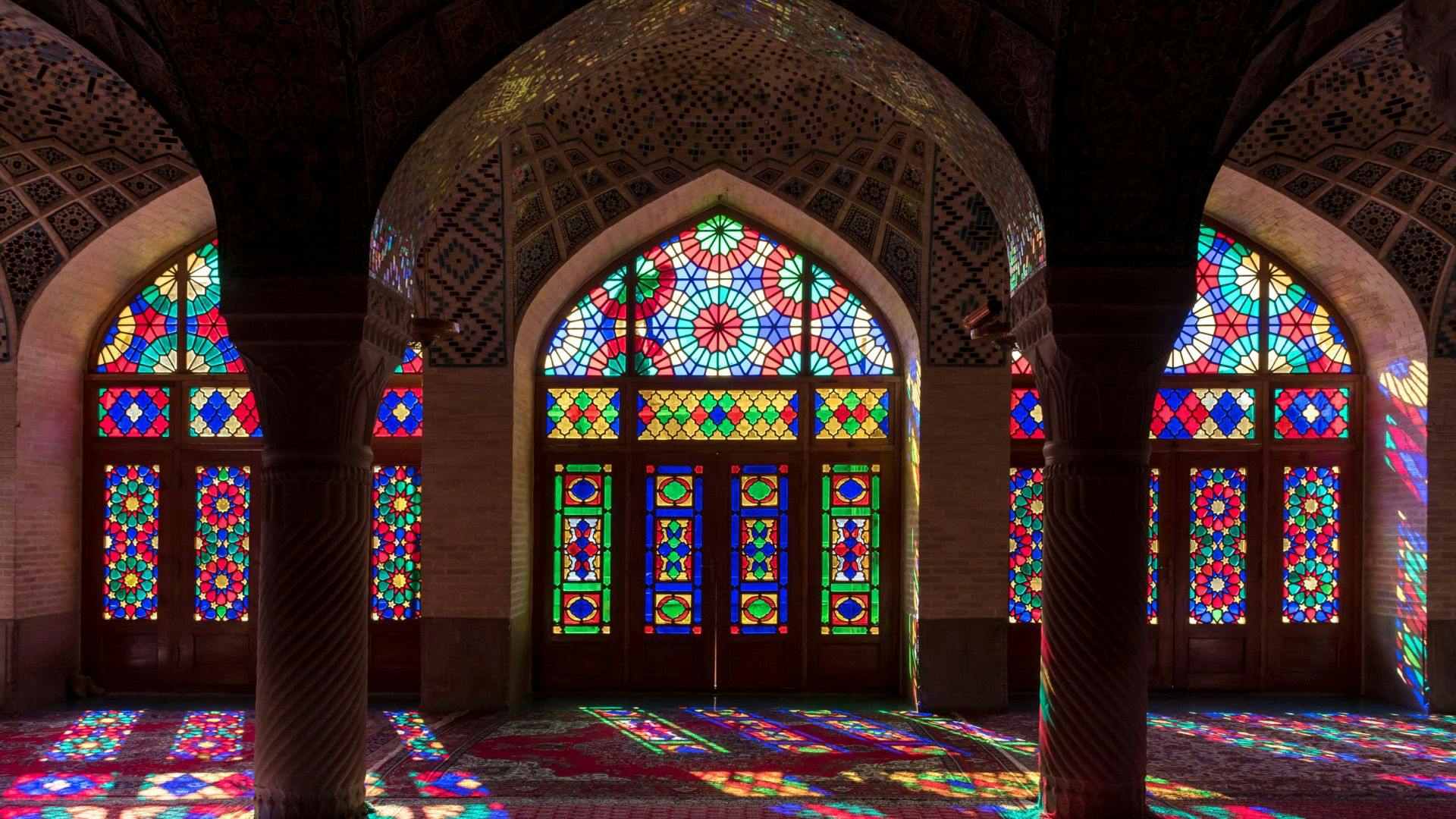 Interior stained glass windows in the Pink Mosque