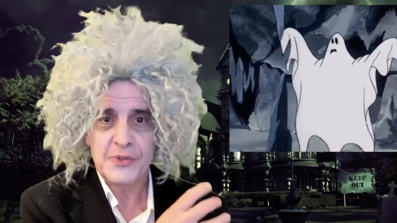 Doug Rawady in Halloween costume with gray wig and ghost illustration next to him. 