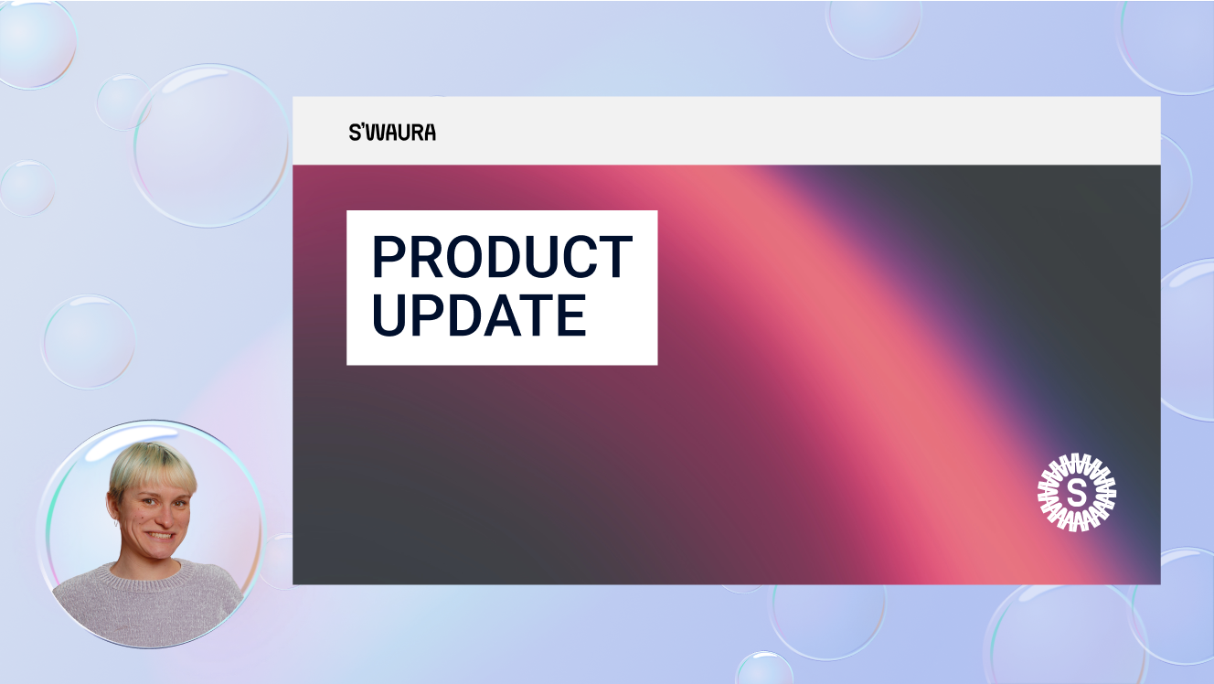 One person in a bubble on the left with a "S'waura Product Update" slide to their right