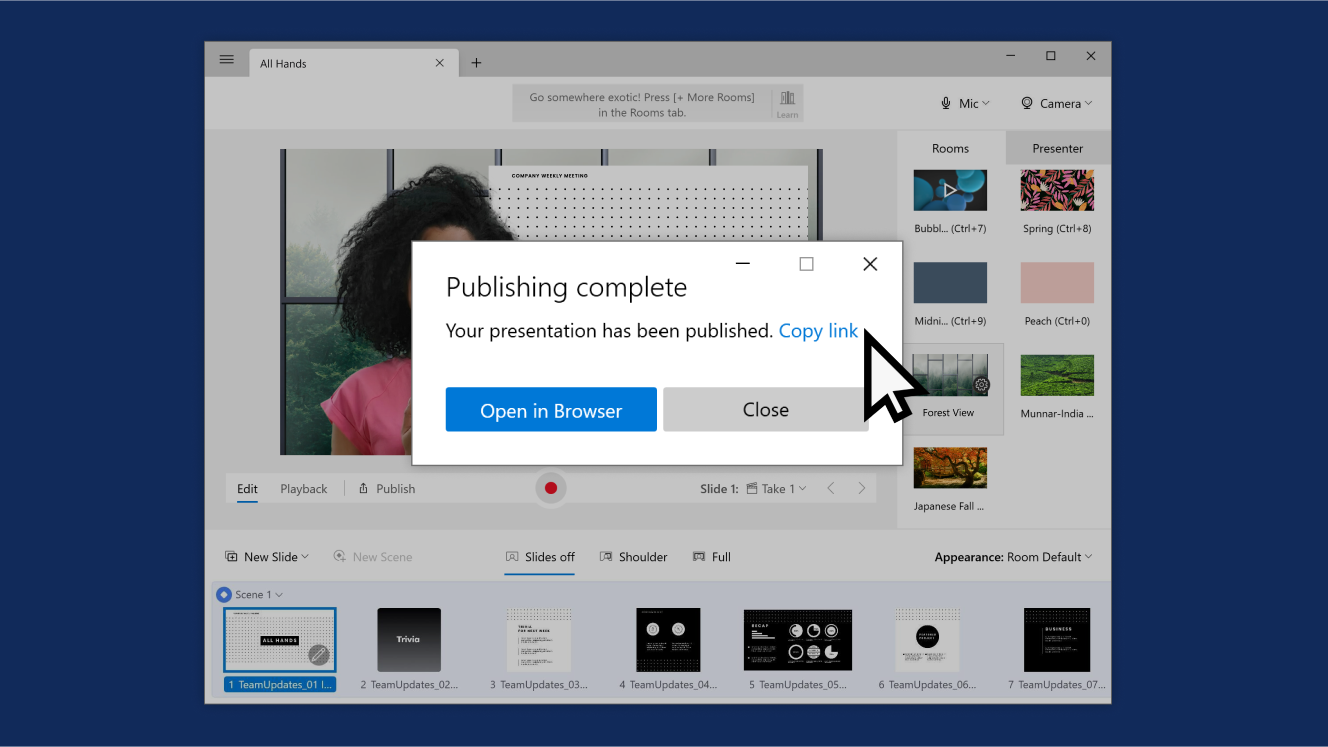 mmhmm window showing Publishing complete/Your presentation has been published