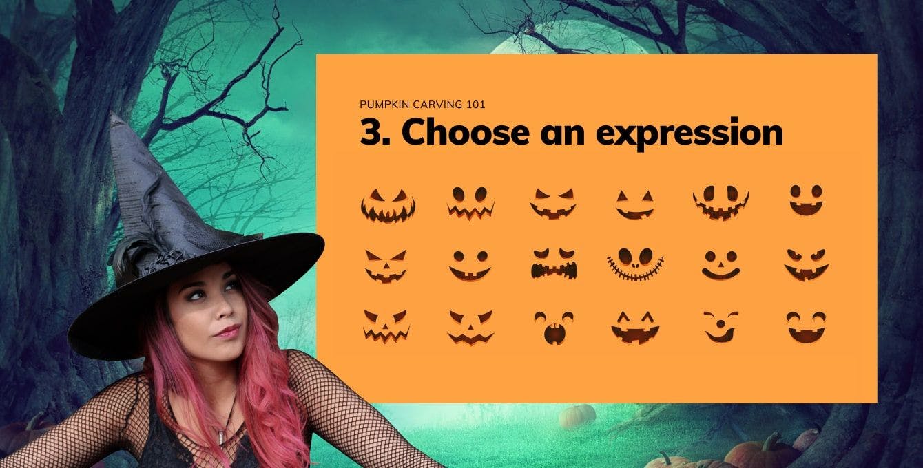 かぼちゃの顔が表示されたオレンジ色のスライドと魔女の帽子をかぶった女性