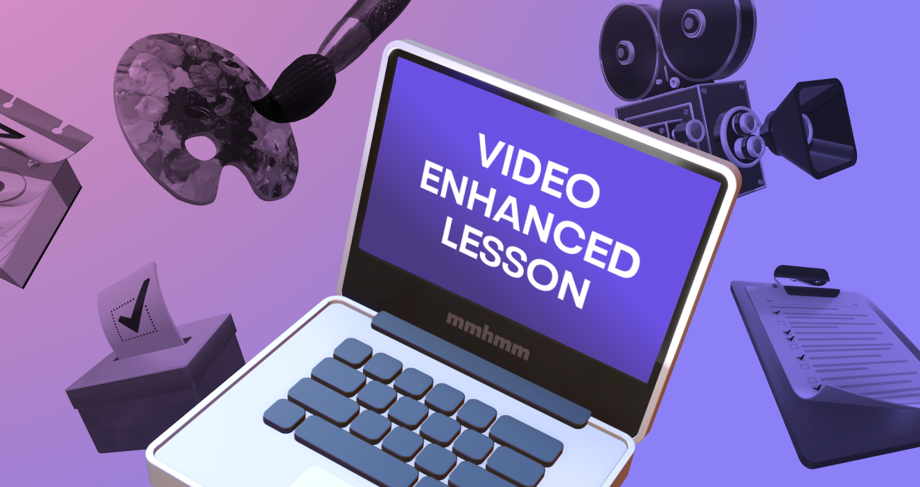 Purple illustration that has laptop that says video enhanced lesson
