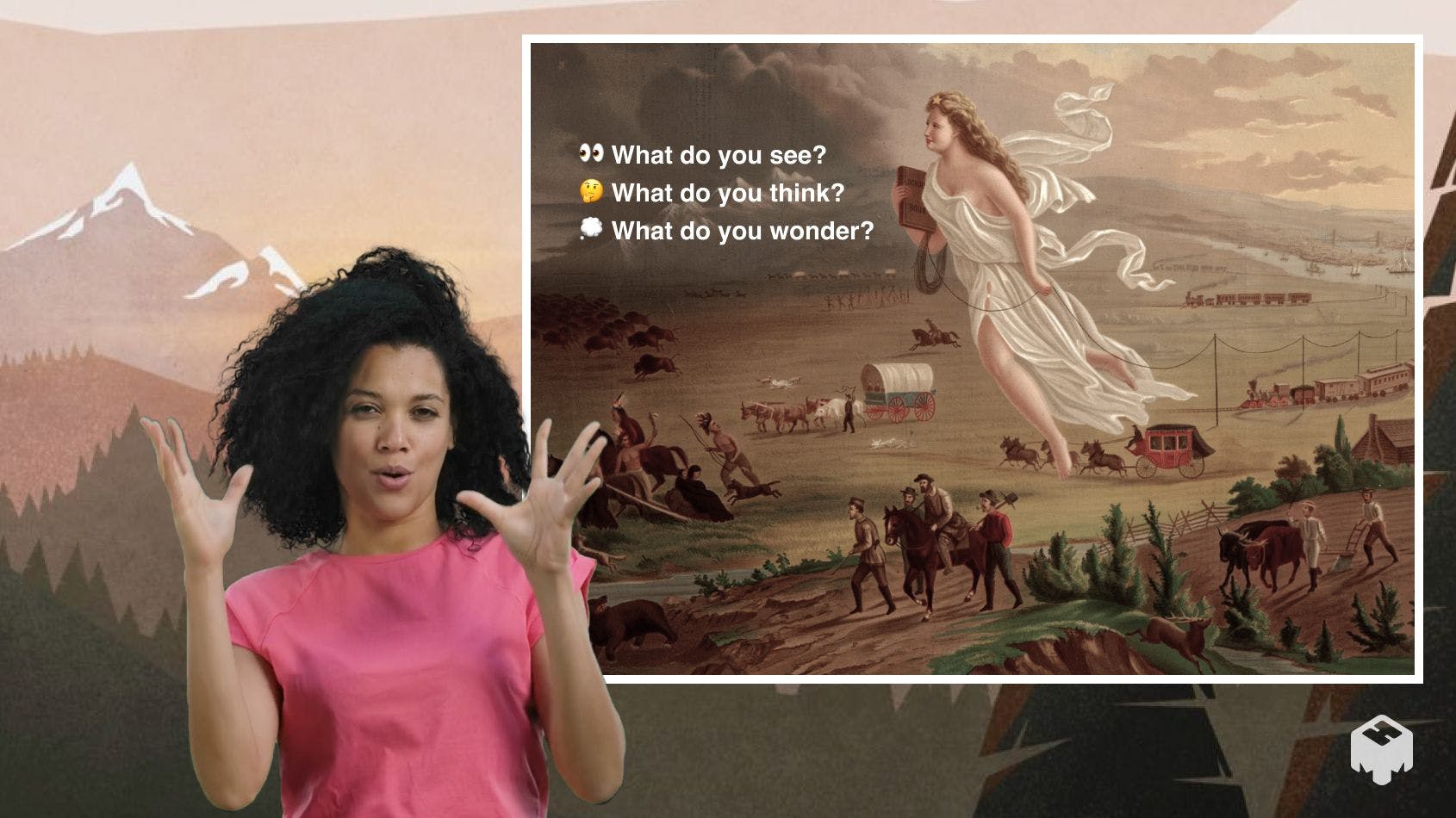 Person with pink shirt showing a slide of a painting of an angel that says "What do you see? What do you think? What do you wonder?"