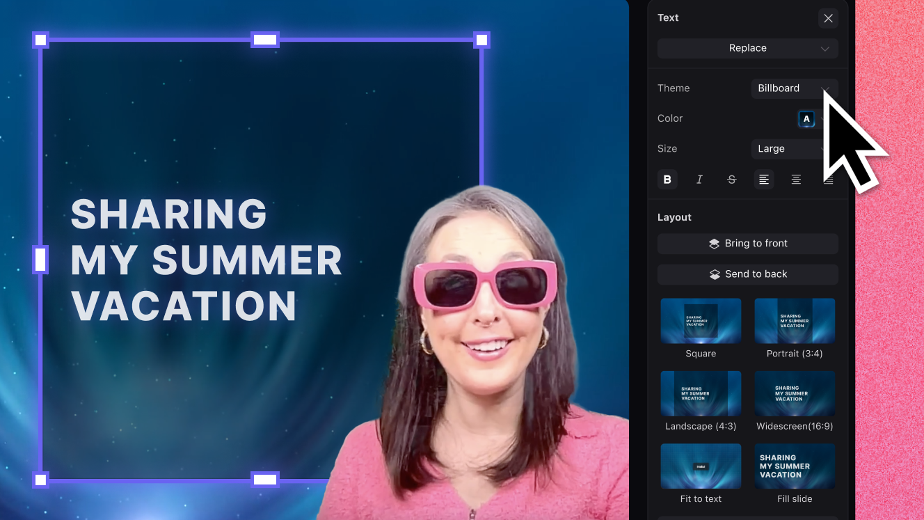 Person in mmhmm user interface wearing sunglasses beside a text box reading "Sharing my summer vacation." Cursor points to slide editing options in the sidebar.