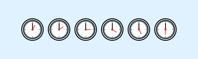 Illustration of six clocks with different times