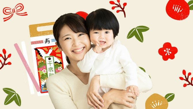 Parent and child against background with Shichi-Go-San symbols