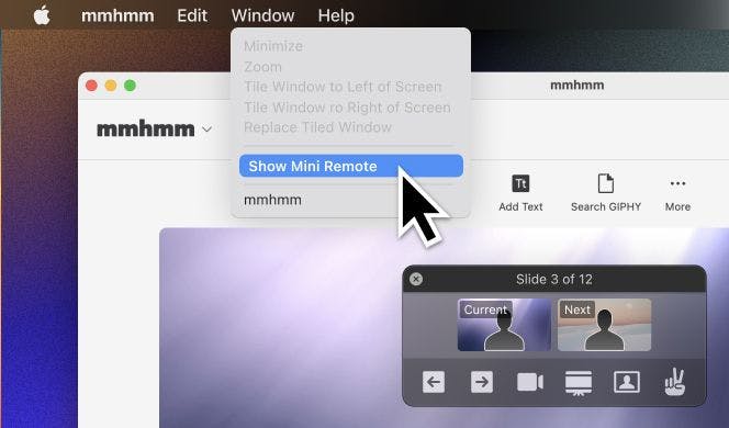 ラベンダー色のスクリーン上に表示された mmhmm ミニリモートと「Show Mini Remote」メニュー