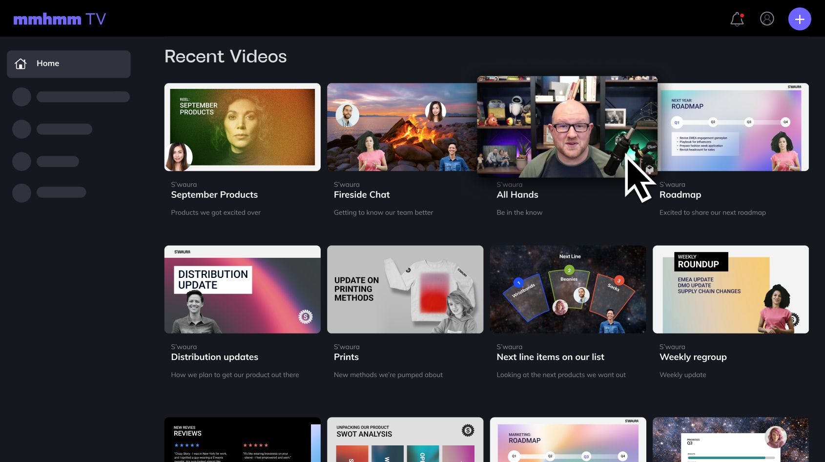 Screenshot of mmhmm TV with thumbnails of recent videos on black background