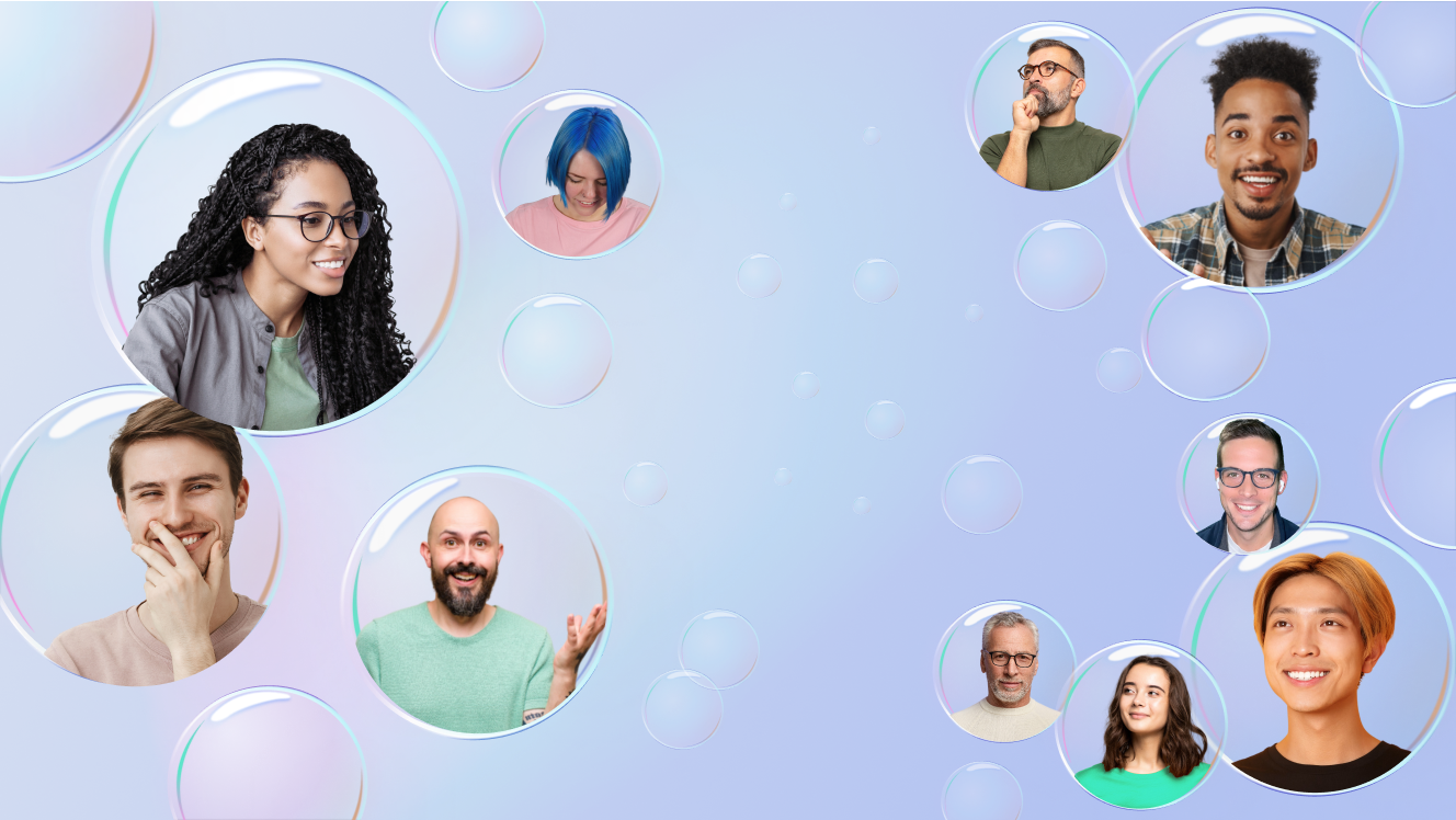 Many people in bubbles against light purple and blue background