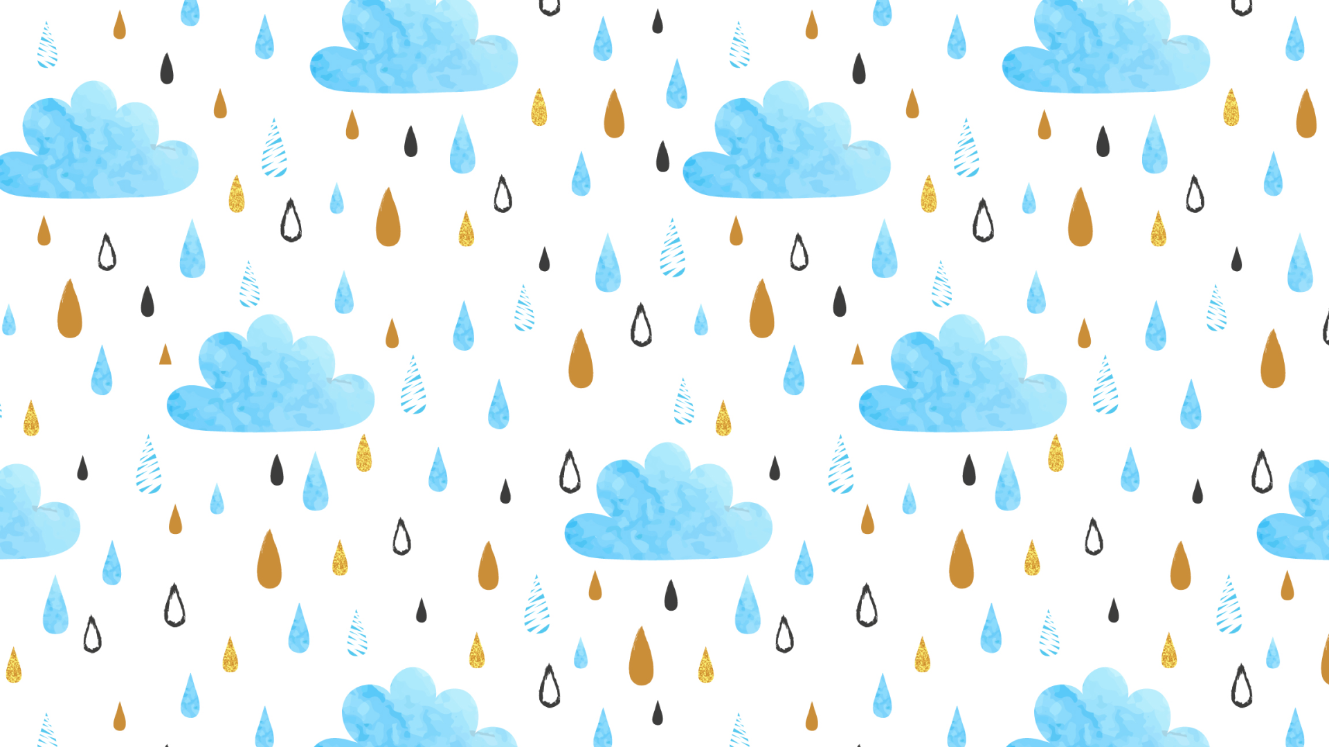 blue clouds with rain drops in gold, white, blue, and black