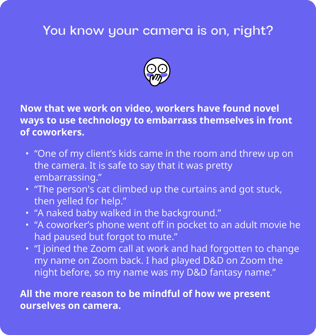 Graphic with stories about workers embarrassing themselves on camera. 