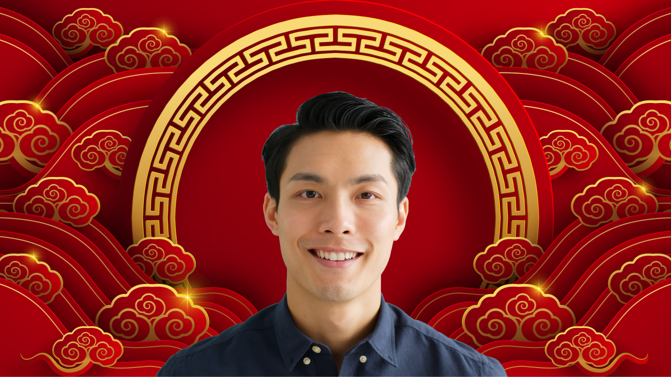 Person with short black hair standing in front of red background with clouds in gold and a gold circle pattern