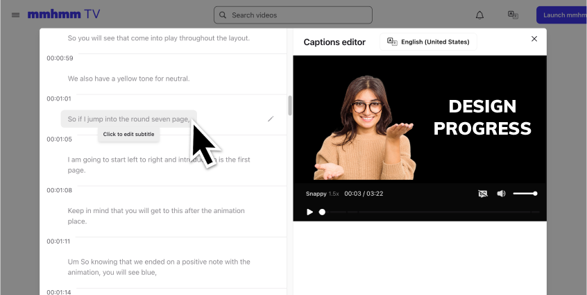 Caption editor user interface with text on the left side and video on the right side