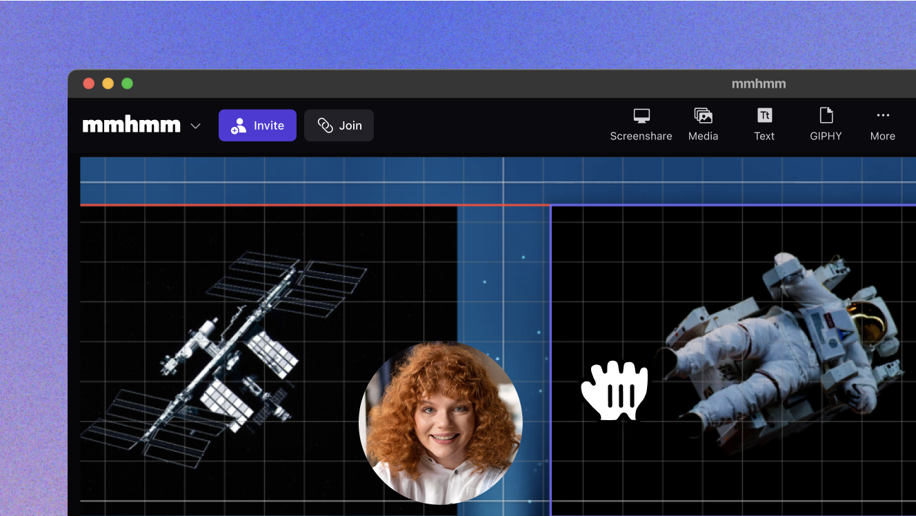 Person in mmhmm user interface between images of a space station and an astronaut. Alignment guides in red show that the images are aligned.