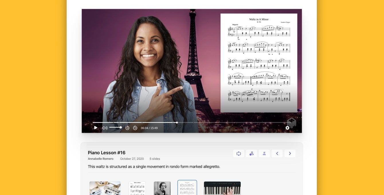 Screenshot of a woman doing a lesson with sheet music