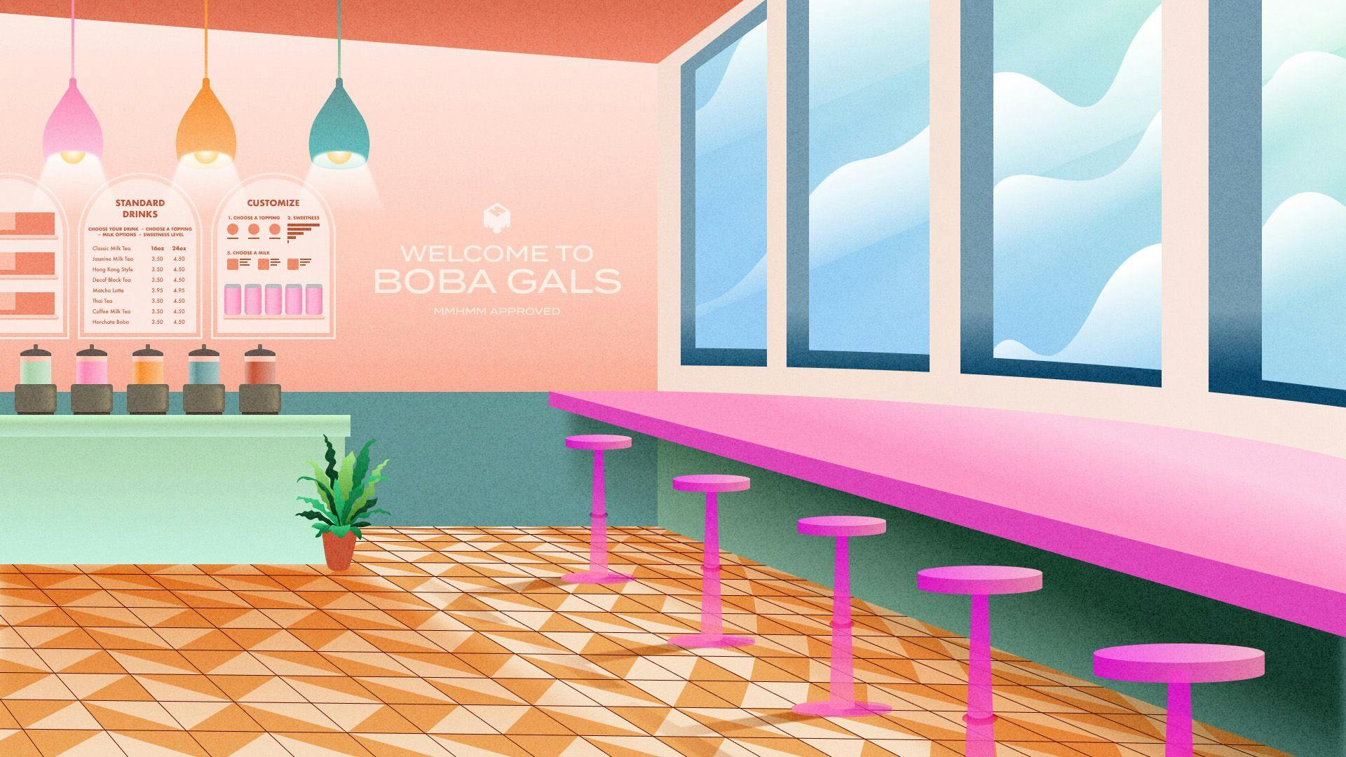 Illustration of boba cafe with pink stools, pink counter, blenders, and menu with a sign in that says Welcome to Boba Gals
