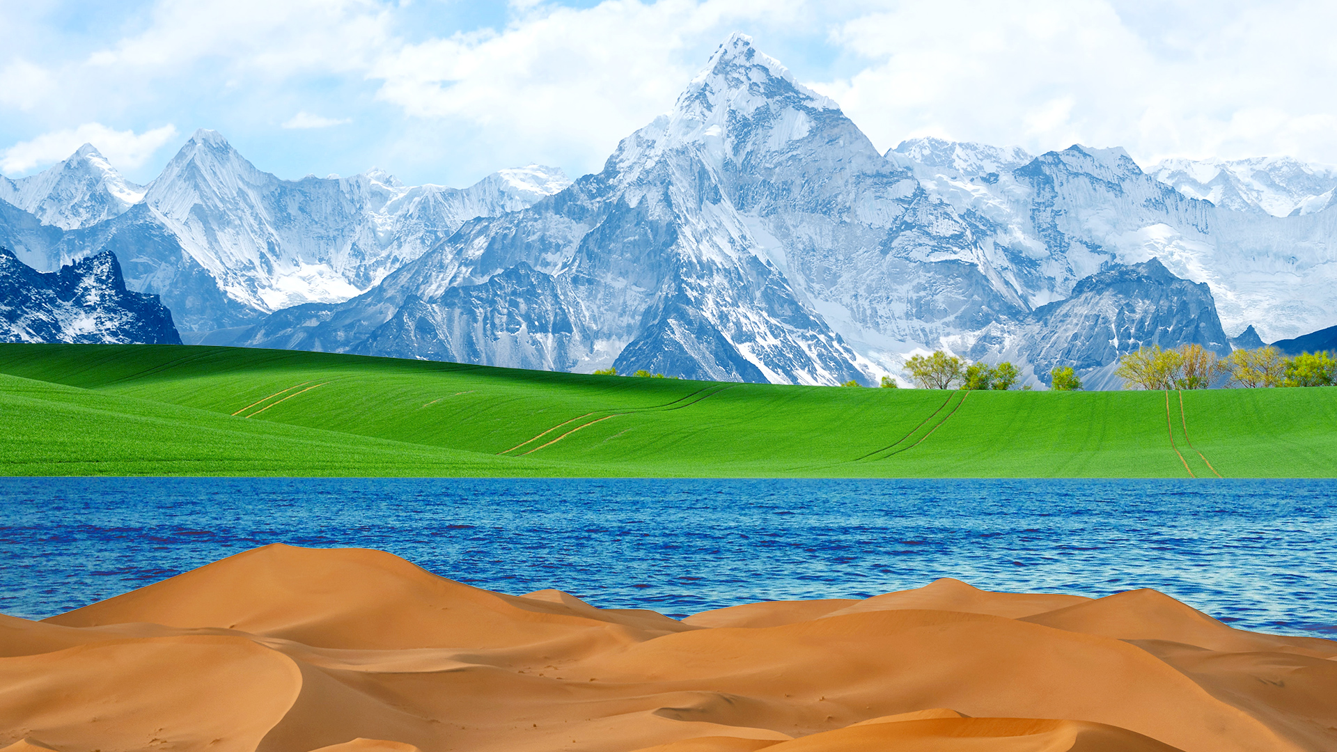 composite of mountains, grass, water, desert