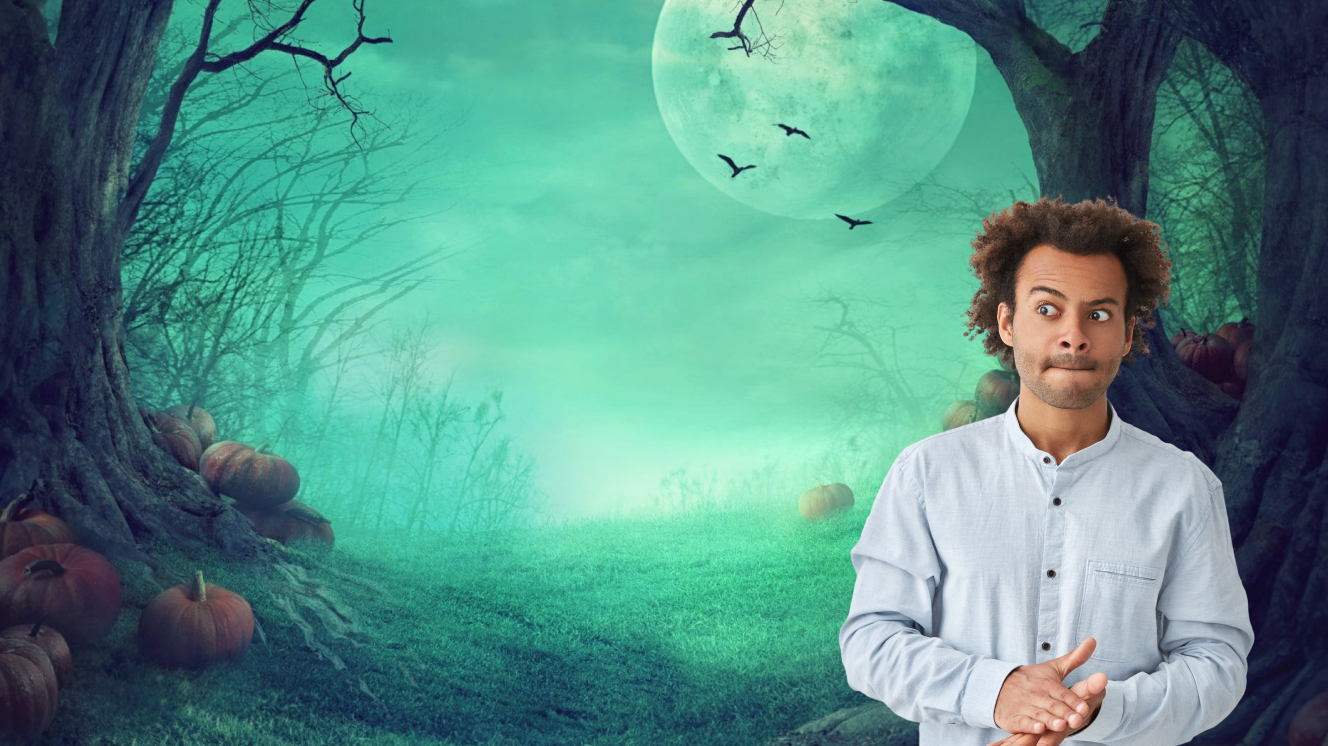 Person against green background with trees and moon