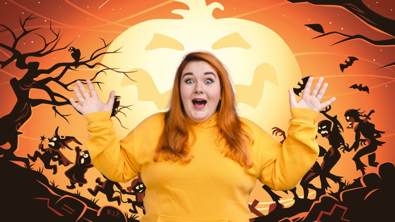 Person in orange sweater against orange background with pumpkin and zombies chasing children